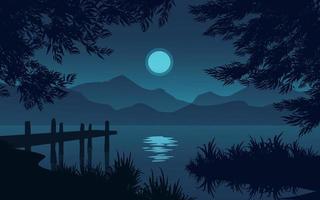 lugn natt vid sjö med brygga vektor