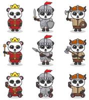 Vektorillustrationen von Panda-Charakteren in verschiedenen mittelalterlichen Outfits. vektor