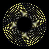 halvton cirkel vektor ram med gula abstrakta slumpmässiga prickar, logotyp emblem, designelement. optisk konst. rund kant ikon med halvton cirkel prickar. optisk illusion bakgrund.