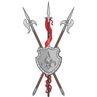 Mittelalter Heraldik Schild Vektordesign, Wappen mit heraldischem Fleur de Lis Symbol, mit Hellebarde und Speer mit Wimpel vektor