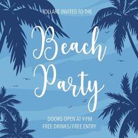 beach party vektor banner mall i platt stil. tropisk, exotisk sommarstrandfest inbjudningskort, broschyr, flygblad eller affischlayoutdesign med palmer och flygande fåglar på den blå himlen.