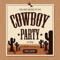 Cowboy-Party-Vektor-Illustration im flachen Stil. Western-Cowboy-Party-Poster, Banner oder Einladung auf ein Holzbrett genagelt. Broadsheet im Wild-West-Stil mit dem Bild von Wüste und Kaktus. vektor