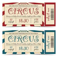 Zirkus-Eintrittskarten-Vorlagendesign im Retro-Vintage-Stil mit Festzelt auf dem Hintergrund und abreißbarem oder abnehmbarem Teil und Barcode. vektorillustration der zirkusshow-eingangsklaue oder des gutscheins. vektor