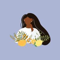 en tjej med långt hår i en lugn pose, omgiven av färgglada blomsterarrangemang med saftiga citroner, bär och löv. vektor