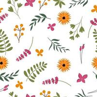 buntes, nahtloses Muster mit Sommerblumen, Blättern und Schmetterlingen auf weißem Hintergrund. vektor