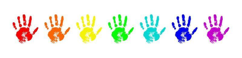 Regenbogen-Handabdruck isoliert auf weißem Hintergrund. Farbe Kind Handabdruck. mehrfarbige menschliche Finger. vektor handgezeichnete illustration