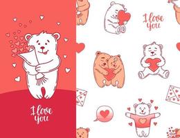 Nahtloses Muster mit liebevollen Bären auf weißem Hintergrund. Valentinskarte für den Urlaub. Vektor-Illustration. vektor