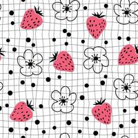 doodle jordgubbar och blommor seamless mönster på rutnät förvrängd bakgrund. vektor
