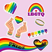 stolz lgbtq aufklebersatz, symbole in regenbogenfarben eingestellt stolzflagge, herz, frieden, regenbogen, liebe, freiheitssymbole. Gay-Pride-Monat. vektor