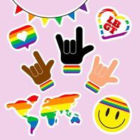 stolz lgbtq aufkleberset, symbole in regenbogenfarben eingestellt stolzflagge, herz, frieden, regenbogen, liebe, homosexueller stolzmonat. vektor