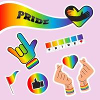 stolz lgbtq aufkleberset, symbole in regenbogen, verlaufsfarbe, fahrflagge, herz, frieden, regenbogen, liebe, freiheitssymbole. Gay-Pride-Monat. vektor