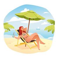 Ein junges Mädchen am Strand sonnt sich auf einer Chaiselongue. Cartoon-Vektor-Illustration vektor