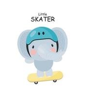 söt elefant på skateboarden. tecknad stil. vektor illustration. för kort, affischer, banderoller, barnböcker, tryck på förpackning, tryck på kläder, tyg, tapeter, textil eller fat.