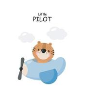 süßer Tiger fliegt in einem Flugzeug. Cartoon-Stil. Vektor-Illustration. für Karten, Plakate, Banner, Kinderbücher, Bedrucken der Verpackung, Bedrucken von Kleidung, Stoffen, Tapeten, Textilien oder Geschirr. vektor