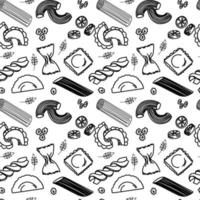 Ein nahtloses Muster verschiedener Arten von Makkaroni, handgezeichnete Kritzeleien im Skizzenstil. Kochen. Italien. Pasta. Silhouetten von Fettuccini, Ravioli usw. auf weißem Hintergrund vektor