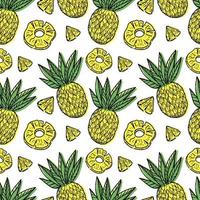 ett sömlöst mönster av ananas, fruktkött och frukt, handritat med klotterelement. exotisk frukt. gul ananas. vektor illustration