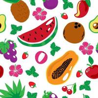 Nahtloses Muster aus exotischen Früchten und Hibiskusblüten, Sommervektorillustration im Cartoon-Stil. Pitaia, Kokosnuss, Apfel, Avocado, Litschi und Wassermelone. helles Sommermuster