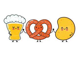 söta, roliga glada glas öl, kringla och chips. vektor handritad serie kawaii tecken, illustration ikon. roliga glada tecknade glas öl, kringla och chips maskot vänner