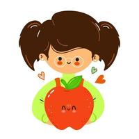 Junge süße lustige kleine Mädchen halten roten Apfel in der Hand. kleines Mädchen umarmt süßen roten Apfel. isoliert auf weißem Hintergrund vektor