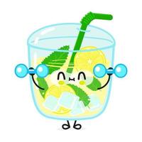 süßer lustiger limonadencharakter mit hanteln. vektor hand gezeichnete karikatur kawaii charakter illustration symbol. isoliert auf weißem Hintergrund. limonadencharakter-fitnesskonzept