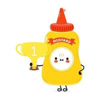 süßer lustiger senfgriff goldtrophäenbecher. vektor hand gezeichnete karikatur kawaii charakter illustration symbol. isoliert auf weißem Hintergrund. Senf in der Flasche mit Siegerpokal