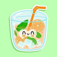 niedlicher lustiger orangensaft-aufklebercharakter. vektor hand gezeichnete karikatur kawaii charakter illustration symbol. isoliert auf weißem Hintergrund. Orangensaft-Charakterkonzept