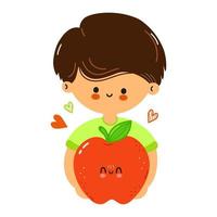 söt rolig pojke håller rött äpple i handen. liten pojke kramar sött rött äpple. isolerad på vit bakgrund vektor