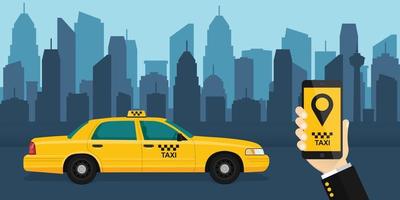 Hand hält ein Mobiltelefon mit der Anwendung auf dem Bildschirm. Taxidienstanwendung auf einem Smartphone zum Bestellen von Dienstleistungen. gelbes taxi auf dem hintergrund der stadt.
