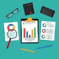 Audit-Forschungsvektorsymbol, Analyse von Finanzberichtsdaten auf Papier, vektor