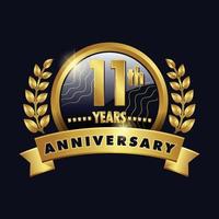 11-årsdagen gyllene logotyp elfte år märke med nummer elva band, lagerkrans vektordesign vektor