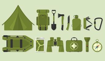 Icon-Set zum Wandern. Vektorsammlung für Campingausrüstung. Fernglas, Boot, Verbandskasten, Rucksack, Taschenlampe, Zelt. grundlegende Lagerausrüstung und Zubehör. vektor