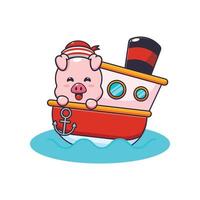 söt gris maskot seriefigur på skeppet vektor