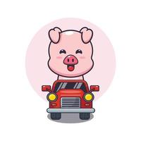 söt gris maskot seriefigur rida på bil vektor