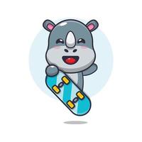 niedliche nashorn-maskottchen-zeichentrickfigur mit skateboard vektor