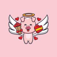 söt gris cupid seriefigur som håller kärleksgåva och kärleksbukett vektor