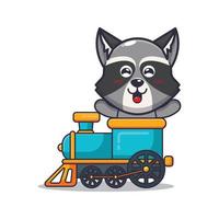 söt tvättbjörn maskot seriefigur rida på tåget vektor