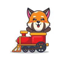 söt röd panda maskot seriefigur rida på tåget vektor