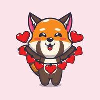 söt röd panda seriefigur håller kärlek dekoration vektor