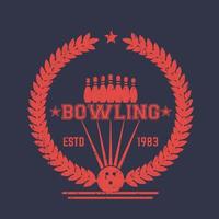 bowling vintage logo, schild mit kranz, abzeichen mit ball und pins vektor