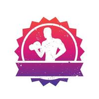 fitnessabzeichen mit posierendem athleten, bodybuilder, fitnessstudio-logo über weiß vektor