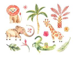 aquarellkomposition mit afrikanischen tieren und natürlichen elementen. Löwe, Elefant, Alligator, Giraffe, Palmen, Blumen. Safari wilde Kreaturen. Dschungel, tropische Illustration für Kinderzimmertapeten vektor