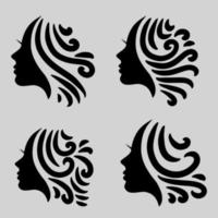 Satz von Silhouetten oder Symbolen einer schönen Frau mit schönem, fließendem Haar, das sich sehr gut als Salonlogo oder Haarpflege eignet