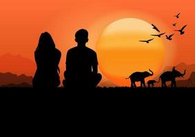 Grafiken, die Paarjungen und -mädchen zeichnen, sitzen mit Sonnenuntergang oder Sonnenaufganghintergrund und hellem Orange des Himmelvektor-Illustrationskonzeptes romantisch