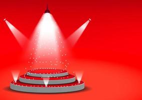 podium für showprodukt mit hellem weißem licht von scheinwerfern roter hintergrund vektorillustration kopie sapce vektor