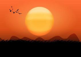 grafik bild solnedgång och ljus orange siluett av solnedgången med mörkt gräs på marken vektor