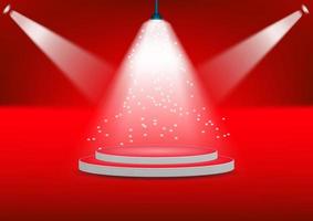 podium für showprodukt mit hellem weißem licht von scheinwerfern roter hintergrundvektorillustration vektor