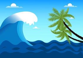 Grafikdesign-Zeichnung Ozeanwelle, Kokosnussbaum-Vektorillustration