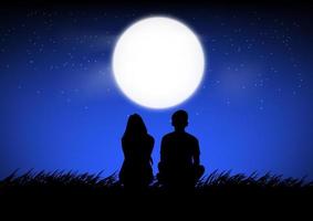 Silhouettenbild Ein Paar Mann und Frau, die nachts mit Mond am Himmel sitzen, entwerfen Vektorillustration vektor