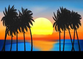 Landschaftsansicht, die Palme und Sonnenuntergang an der Ozeanvektorillustration zeichnet vektor