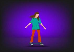 Grafikbild Mädchen-Cartoon-Figur, die auf einem Skateboard oder Surf-Skate reitet und lila Hintergrundvektorillustration steht vektor